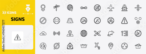 signs outline icon set. 33 linear vector for ui, web and mobile. thin line female, beach, internet and more icons.