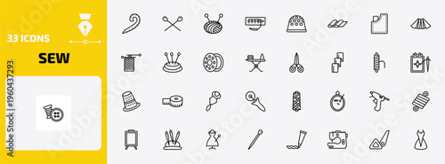sew outline icon set. 33 linear vector for ui, web and mobile. thin line french curve, knitting neddles, ball of wool and more icons.