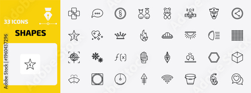 shapes outline icon set. 33 linear vector for ui, web and mobile. thin line four squares, speech bubble black, paragraph and more icons.