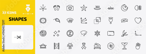 shapes outline icon set. 33 linear vector for ui, web and mobile. thin line parabola, human foot prints, foto and more icons.
