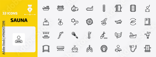 sauna outline icon set. 33 linear vector for ui, web and mobile. thin line turkish bath, brine cabin, hygrometer and more icons.