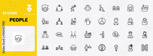 people outline icon set. 33 linear vector for ui, web and mobile. thin line hipster smile, ecosystem, success man happy and more icons.