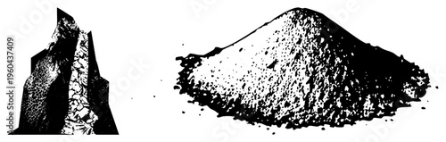 Jagged fractured rock with textured surface, granular sand pile with scattered particles, geological elements, halftone style, black and white vector art.