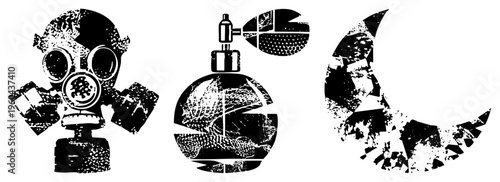 Grunge style vector gas mask, Death Star, moon, black and white, textured, fragmented, retro, sci fi, dystopian symbols.