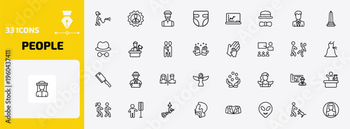 people outline icon set. 33 linear vector for ui, web and mobile. thin line firefighter working, perfect worker, muslim man and more icons.