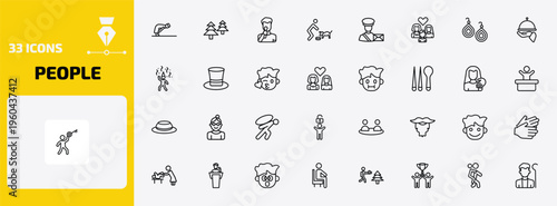 people outline icon set. 33 linear vector for ui, web and mobile. thin line ruku, norwegian, man singing and more icons.