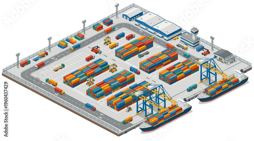 Isometric flat vector illustration of a global shipping port, showcasing cargo container logistics with ships, cranes, trucks, and warehouses.