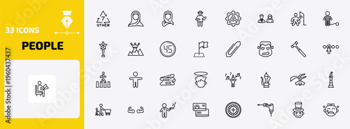 people outline icon set. 33 linear vector for ui, web and mobile. thin line 7 other, araba woman, woman with hijab and more icons.