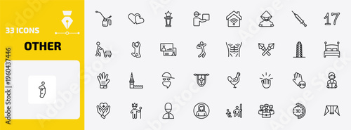 other outline icon set. 33 linear vector for ui, web and mobile. thin line oil can, two hearts, cinema award and more icons.