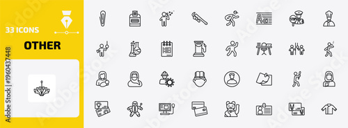 other outline icon set. 33 linear vector for ui, web and mobile. thin line metal paper clip, ticket hine, man making soap bubbles and more icons.