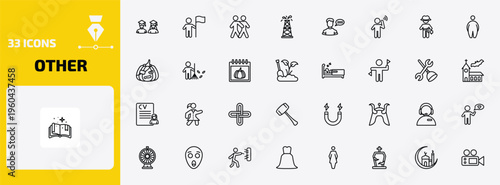 other outline icon set. 33 linear vector for ui, web and mobile. thin line students, man holding a flag, man hugging and more icons.