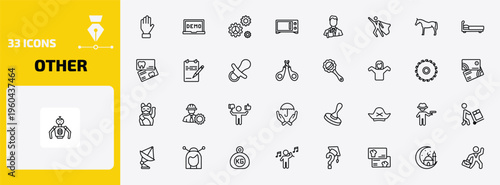 other outline icon set. 33 linear vector for ui, web and mobile. thin line slap, demostration, mechanical gears and more icons.