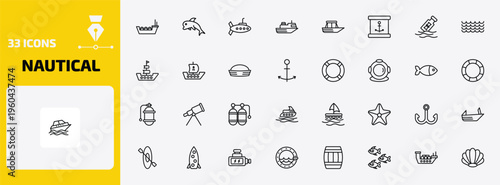 nautical outline icon set. 33 linear vector for ui, web and mobile. thin line tanker ship, dolphin, submarine and more icons.