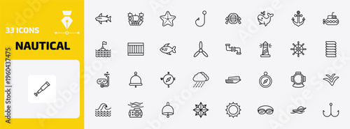 nautical outline icon set. 33 linear vector for ui, web and mobile. thin line shark, old galleon, starfish and more icons.
