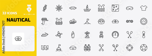 nautical outline icon set. 33 linear vector for ui, web and mobile. thin line water resist watch, helm, snorkling glasses and more icons.