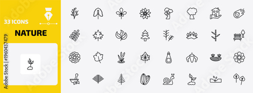 nature outline icon set. 33 linear vector for ui, web and mobile. thin line willow, linden leaf, chestnut leaf and more icons.