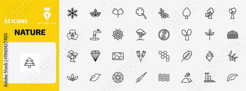 nature outline icon set. 33 linear vector for ui, web and mobile. thin line big snowflake, straberry leaf, ginkgo and more icons.