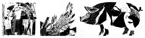 Stylized animal figures rendered in halftone, vector art, graphic design, isolated animal shapes, artistic composition, illustration, geometric abstraction.