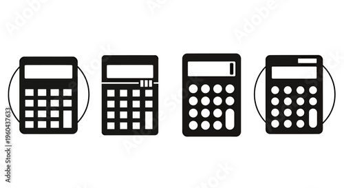 Set of four calculator icons in black outline style for graphic design projects.