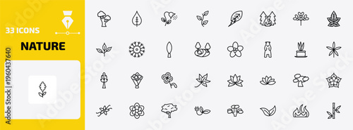 nature outline icon set. 33 linear vector for ui, web and mobile. thin line black oak tree, nut leaf, pollen and more icons.