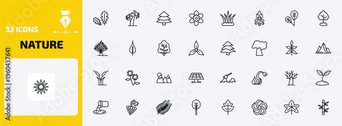 nature outline icon set. 33 linear vector for ui, web and mobile. thin line pedunculate, coconut tree standing, red spruce tree and more icons.
