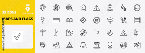 maps and flags outline icon set. 33 linear vector for ui, web and mobile. thin line taxi stop, no luggage, arrow on globe and more icons.