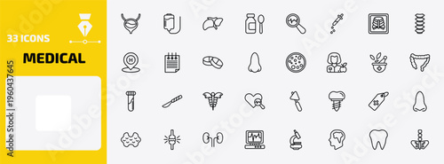 medical outline icon set. 33 linear vector for ui, web and mobile. thin line bladder, plasma, liver and more icons.