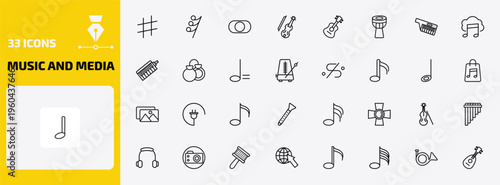 music and media outline icon set. 33 linear vector for ui, web and mobile. thin line sharp, thirty second note rest, rec and more icons.