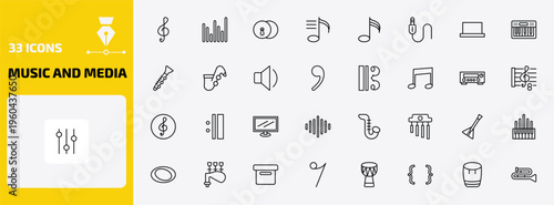 music and media outline icon set. 33 linear vector for ui, web and mobile. thin line treble clef, sound bars, cymbals and more icons.