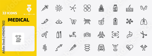 medical outline icon set. 33 linear vector for ui, web and mobile. thin line anesthesia, molecular configuration, molecular structure and more icons.