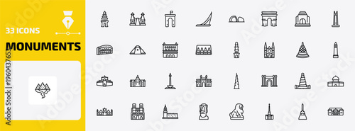 monuments outline icon set. 33 linear vector for ui, web and mobile. thin line cambodia, bridge of the west, ejer baunehoj and more icons.
