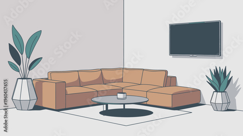 A modern living room with a brown sectional sofa and a flat screen TV on the wall