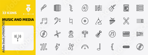 music and media outline icon set. 33 linear vector for ui, web and mobile. thin line hand mic, accordion, quarter note rest and more icons.