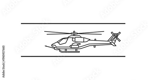 Line Art Helicopter Flying on Runway, Aviation Transport Icon