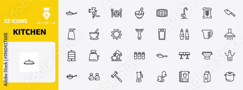 kitchen outline icon set. 33 linear vector for ui, web and mobile. thin line pan, meat grinder, dinner and more icons.