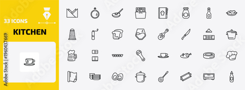 kitchen outline icon set. 33 linear vector for ui, web and mobile. thin line napkin, chopping board, frying pan and more icons.