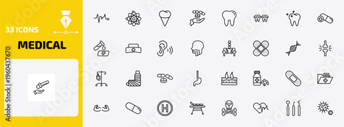 medical outline icon set. 33 linear vector for ui, web and mobile. thin line pulse line, atomic structure, premolar and more icons.