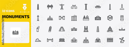 monuments outline icon set. 33 linear vector for ui, web and mobile. thin line walled obelisk, vincent thomas bridge, and more icons.