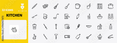 kitchen outline icon set. 33 linear vector for ui, web and mobile. thin line rolling pin, custard cup, beater and more icons.