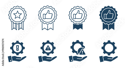 Collection of award medals and hands holding gears illustrating recognition, achievement, and teamwork in design.