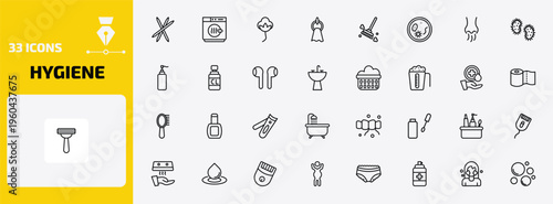 hygiene outline icon set. 33 linear vector for ui, web and mobile. thin line toothpick, dryer, cotton and more icons.
