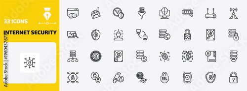internet security outline icon set. 33 linear vector for ui, web and mobile. thin line web cookies, phishing, wlan and more icons.