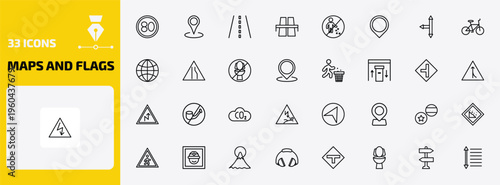 maps and flags outline icon set. 33 linear vector for ui, web and mobile. thin line 80 speed limit, locations, street and more icons.