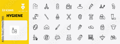hygiene outline icon set. 33 linear vector for ui, web and mobile. thin line douche, nail scissors, hair tonic and more icons.