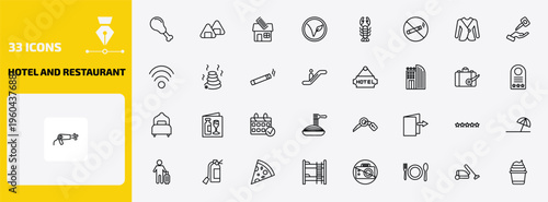 hotel and restaurant outline icon set. 33 linear vector for ui, web and mobile. thin line fried chicken, onigiri, barbershop and more icons.
