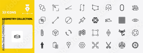 geometry collection. outline icon set. 33 linear vector for ui, web and mobile. thin line transform, edit corner, angle and more icons.