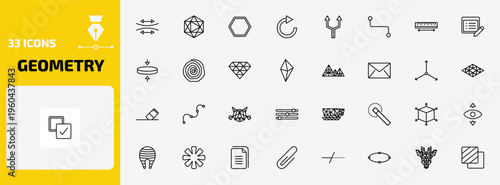 geometry outline icon set. 33 linear vector for ui, web and mobile. thin line stretch, icosahedron, octagon and more icons.