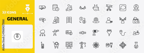 general outline icon set. 33 linear vector for ui, web and mobile. thin line eco battery, real time data, poverty and more icons.
