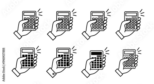 Repeating icon sequence of a hand holding a smartphone with a calculator in a simple vector style.