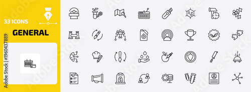 general outline icon set. 33 linear vector for ui, web and mobile. thin line solarium, biotechnology, map search and more icons.